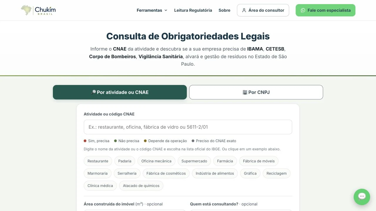 Tela real da consulta de obrigatoriedade por atividade, CNAE ou CNPJ
