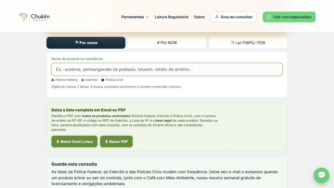 Tela real da consulta de produtos controlados por nome, NCM e FDS